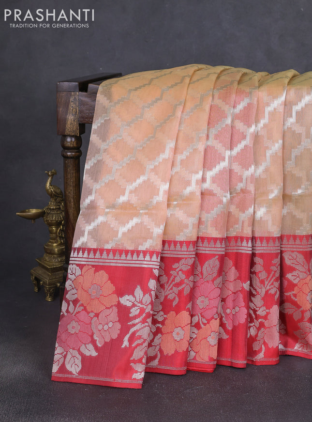 Kora jamdhani silk saree pale orange and red with allover jamdhani weaves and zari woven border
