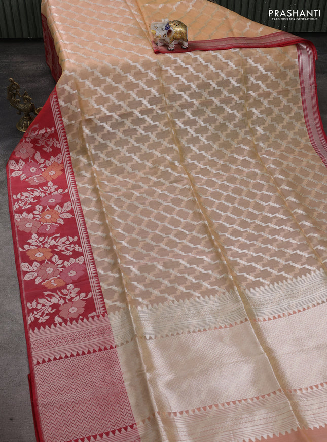 Kora jamdhani silk saree pale orange and red with allover jamdhani weaves and zari woven border