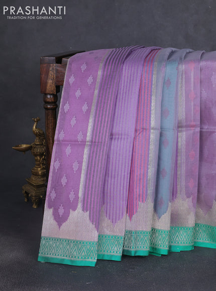 Kora jamdhani silk saree lavender and teal green with allover jamdhani weaves and zari woven border