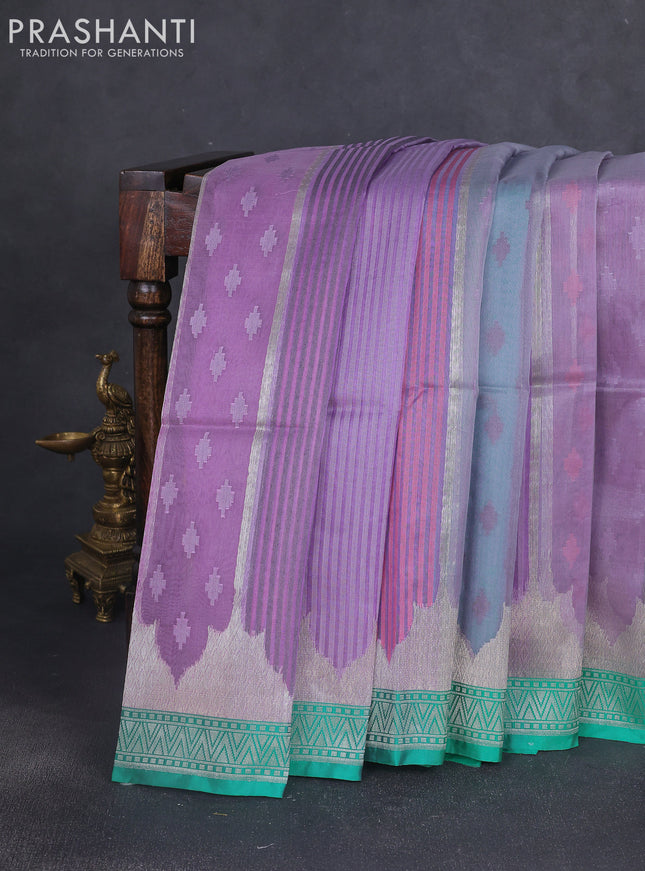 Kora jamdhani silk saree lavender and teal green with allover jamdhani weaves and zari woven border