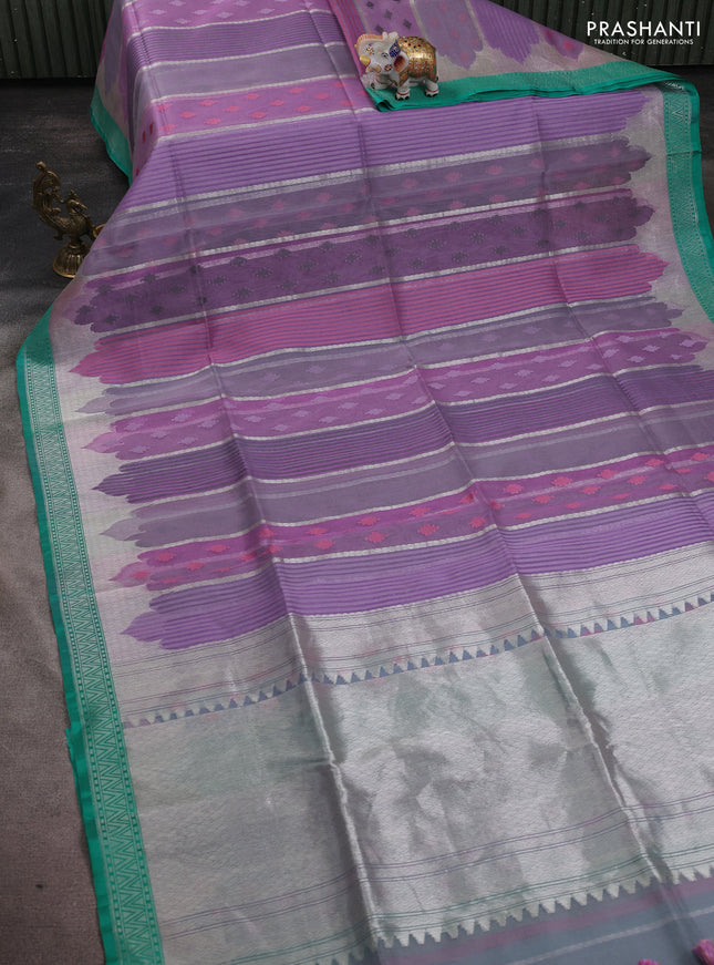 Kora jamdhani silk saree lavender and teal green with allover jamdhani weaves and zari woven border