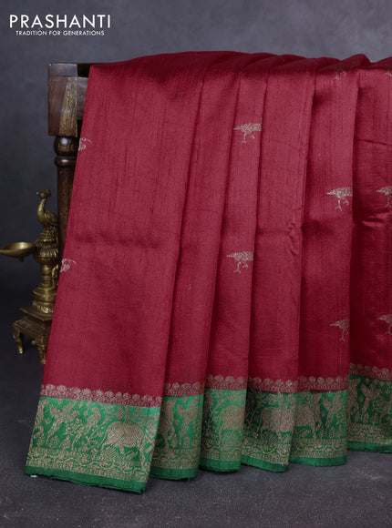 Banarasi raw silk saree red and green with woven buttas and woven border