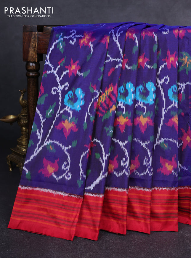 Pochampally silk saree blue and red with allover ikat weaves and simple border