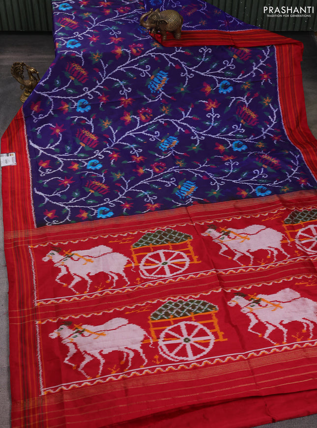 Pochampally silk saree blue and red with allover ikat weaves and simple border