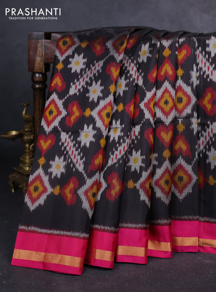Ikat soft silk saree black and pink with allover ikat weaves and zari woven border