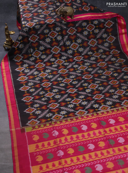 Ikat soft silk saree black and pink with allover ikat weaves and zari woven border