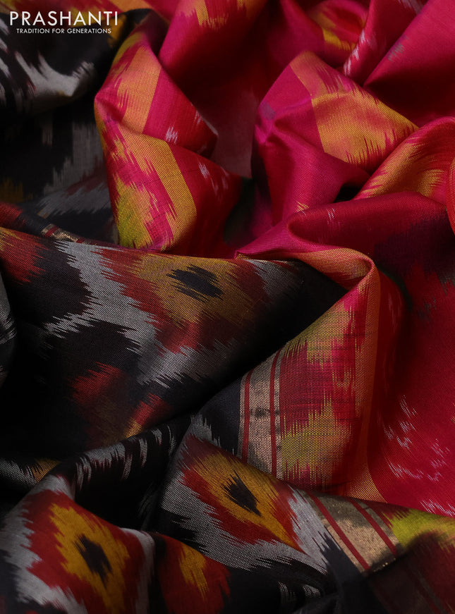 Ikat soft silk saree black and pink with allover ikat weaves and zari woven border