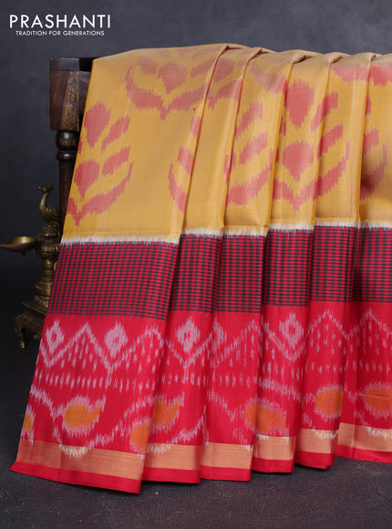 Ikat soft silk saree mustard yellow and red with allover ikat butta weaves and long ikat woven zari border