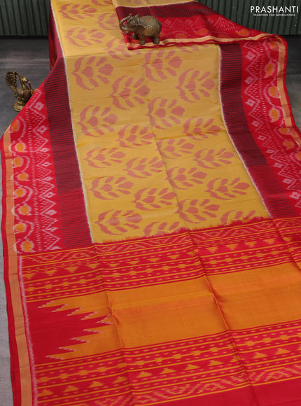 Ikat soft silk saree mustard yellow and red with allover ikat butta weaves and long ikat woven zari border