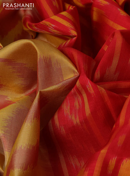 Ikat soft silk saree mustard yellow and red with allover ikat butta weaves and long ikat woven zari border