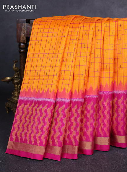 Ikat soft silk saree orange and pink with allover checks & ikat weaves and long ikat woven zari border