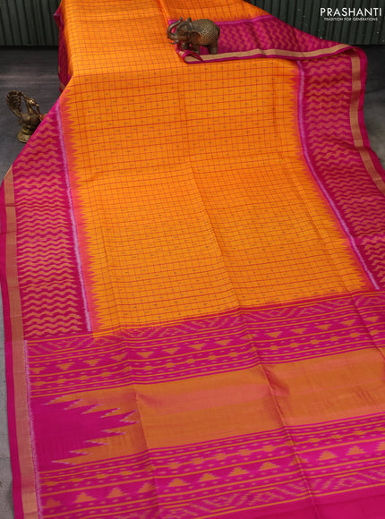 Ikat soft silk saree orange and pink with allover checks & ikat weaves and long ikat woven zari border