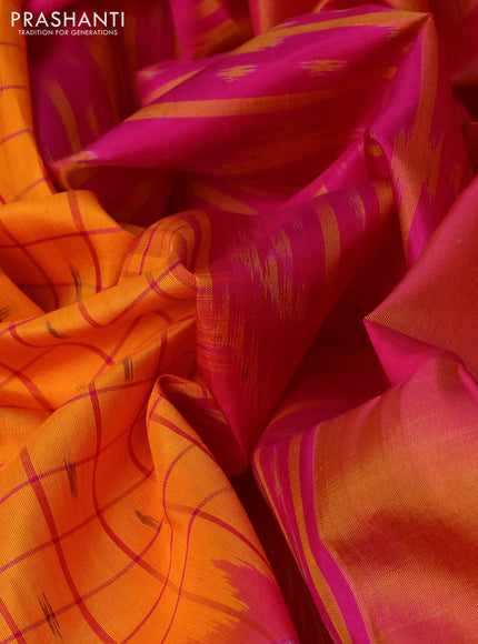 Ikat soft silk saree orange and pink with allover checks & ikat weaves and long ikat woven zari border