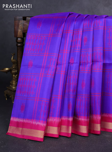Ikat soft silk saree blue and dark pink with allover checks & ikat weaves and zari woven border