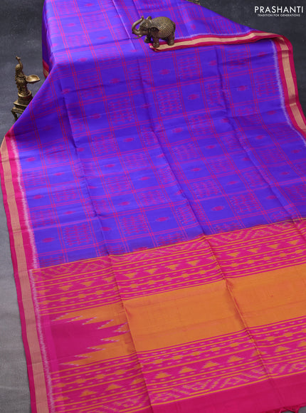 Ikat soft silk saree blue and dark pink with allover checks & ikat weaves and zari woven border