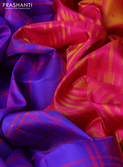 Ikat soft silk saree blue and dark pink with allover checks & ikat weaves and zari woven border