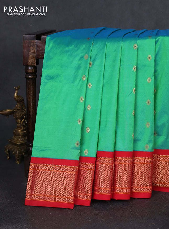 Pure paithani silk saree teal green and red with zari woven buttas and paithani weaving pallu