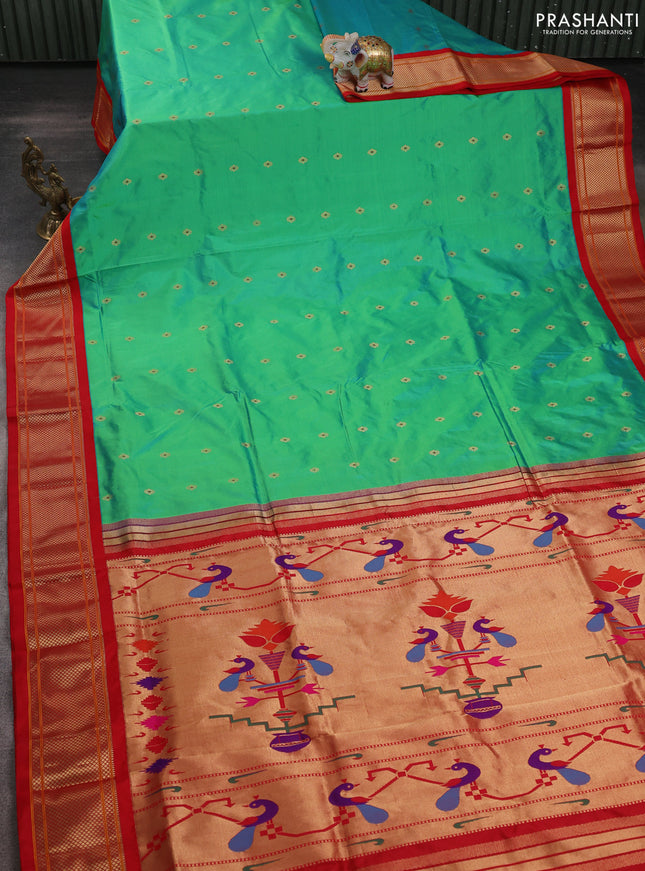 Pure paithani silk saree teal green and red with zari woven buttas and paithani weaving pallu