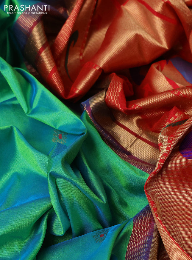 Pure paithani silk saree teal green and red with zari woven buttas and paithani weaving pallu