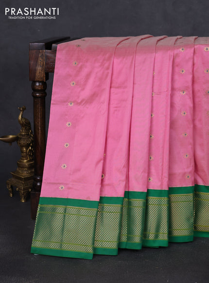 Pure paithani silk saree light pink and green with zari woven buttas and paithani weaving pallu