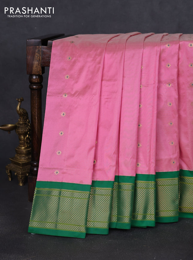 Pure paithani silk saree light pink and green with zari woven buttas and paithani weaving pallu