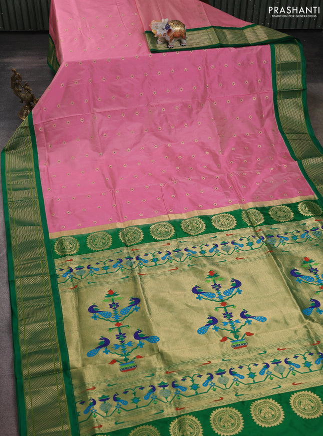 Pure paithani silk saree light pink and green with zari woven buttas and paithani weaving pallu