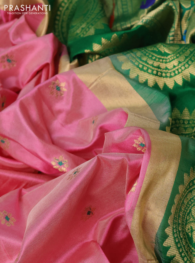 Pure paithani silk saree light pink and green with zari woven buttas and paithani weaving pallu