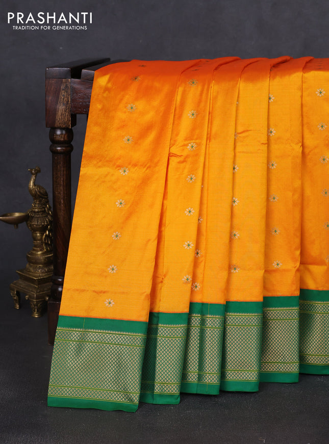 Pure paithani silk saree mango yellow and green with zari woven buttas and paithani weaving pallu