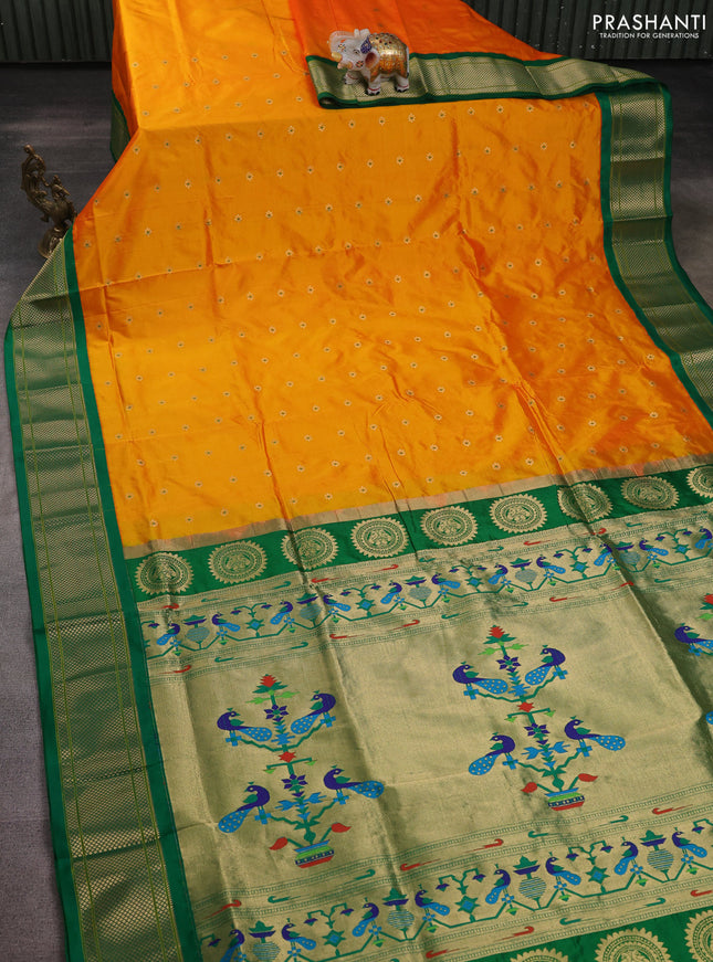 Pure paithani silk saree mango yellow and green with zari woven buttas and paithani weaving pallu