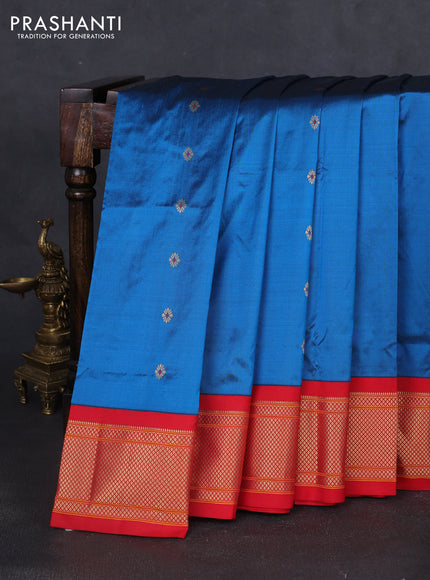 Pure paithani silk saree peacock blue and red with zari woven buttas and paithani weaving pallu