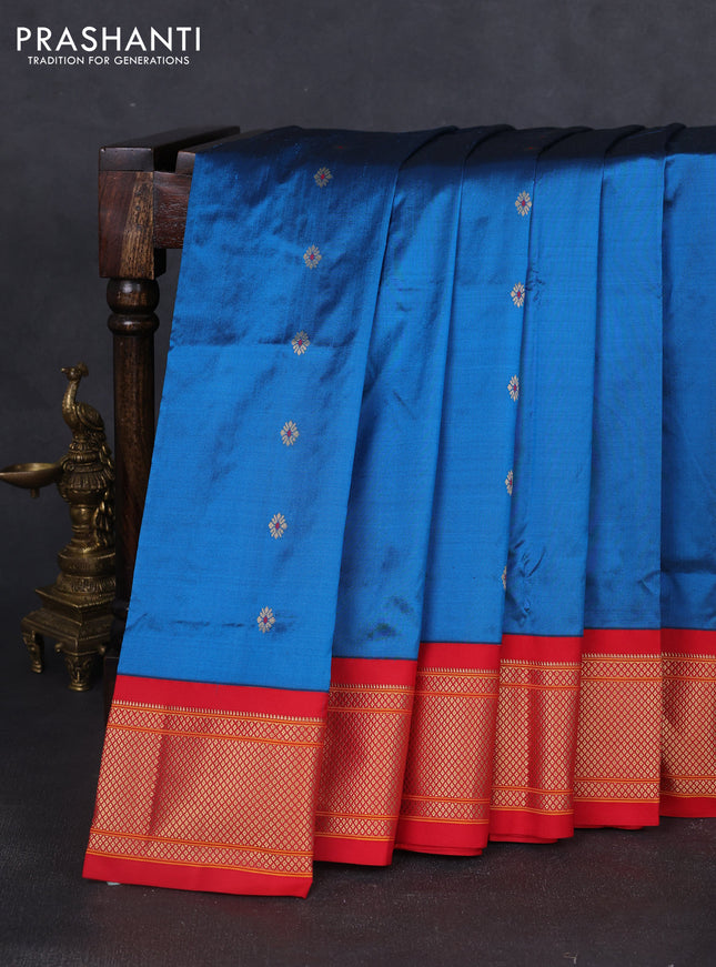 Pure paithani silk saree peacock blue and red with zari woven buttas and paithani weaving pallu