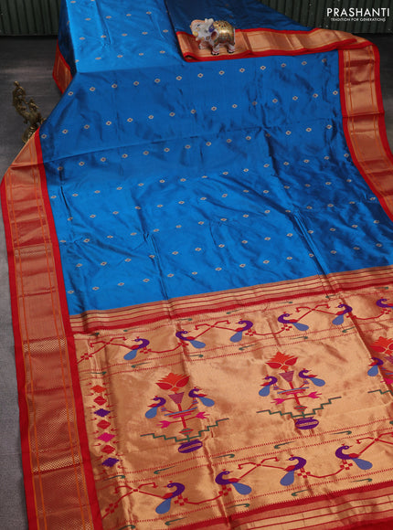 Pure paithani silk saree peacock blue and red with zari woven buttas and paithani weaving pallu