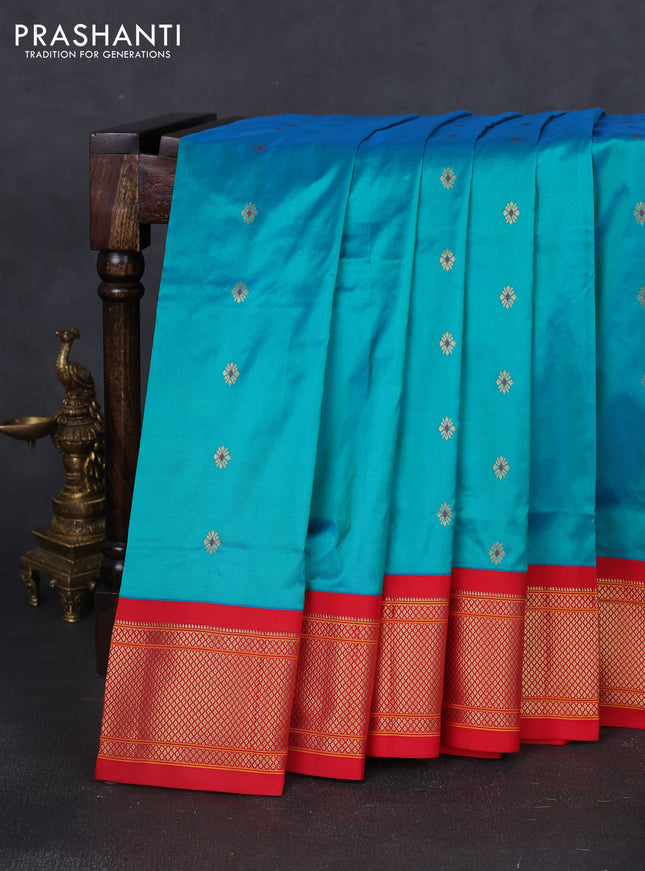 Pure paithani silk saree dual shade of teal bluish green and red with zari woven buttas and paithani weaving pallu
