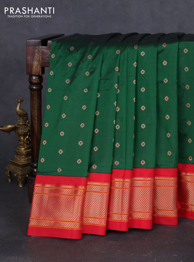 Pure paithani silk saree green and red with allover floral zari woven buttas and paithani weaving pallu