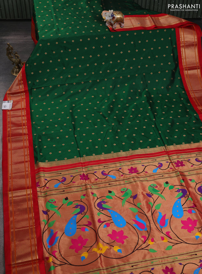Pure paithani silk saree green and red with allover floral zari woven buttas and paithani weaving pallu