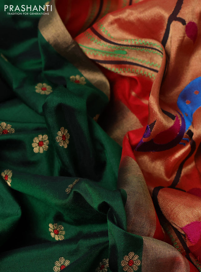 Pure paithani silk saree green and red with allover floral zari woven buttas and paithani weaving pallu