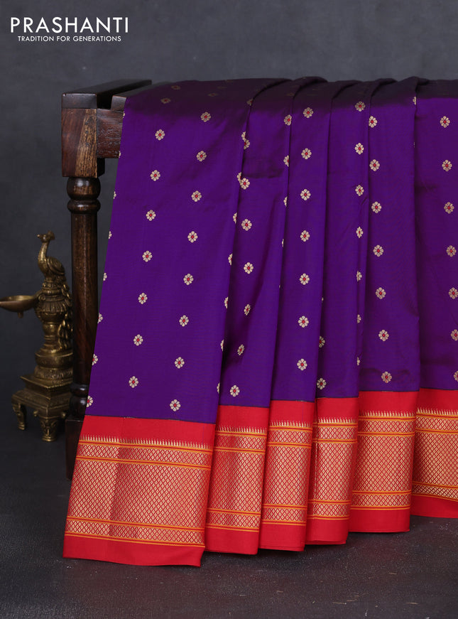Pure paithani silk saree purple and red with allover floral zari woven buttas and paithani weaving pallu