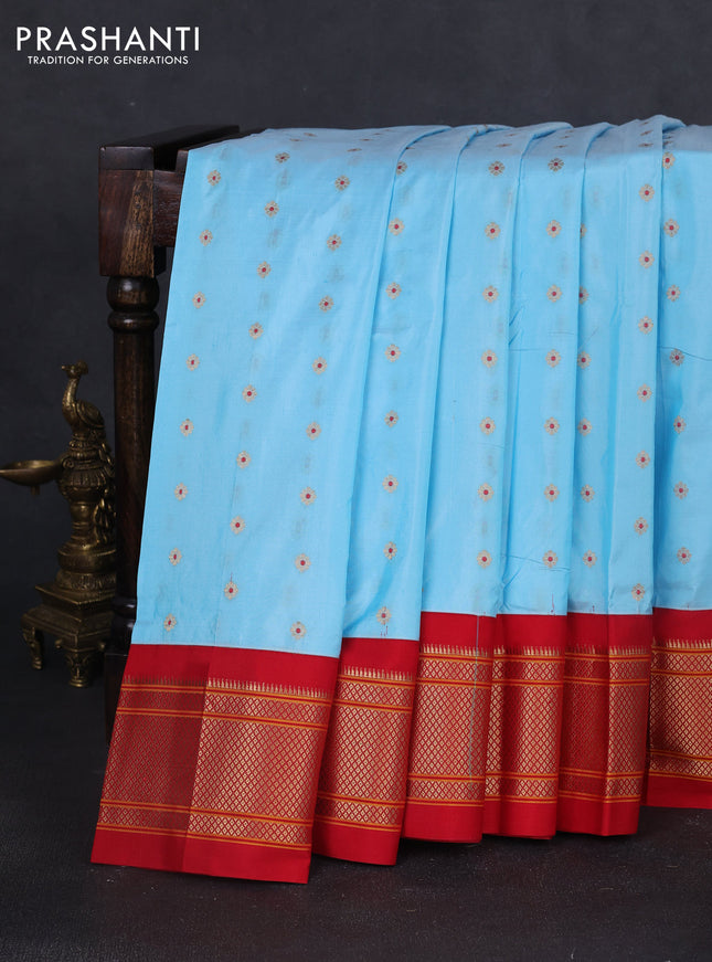 Pure paithani silk saree light blue and red with allover floral zari woven buttas and paithani weaving pallu