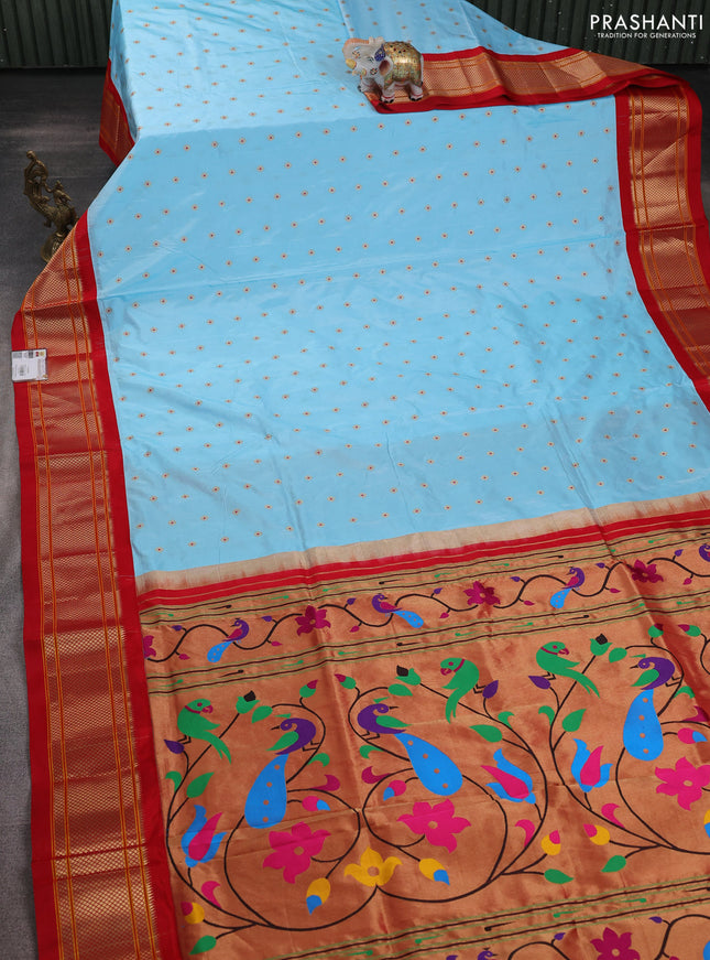 Pure paithani silk saree light blue and red with allover floral zari woven buttas and paithani weaving pallu