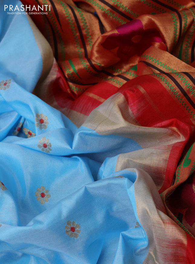 Pure paithani silk saree light blue and red with allover floral zari woven buttas and paithani weaving pallu