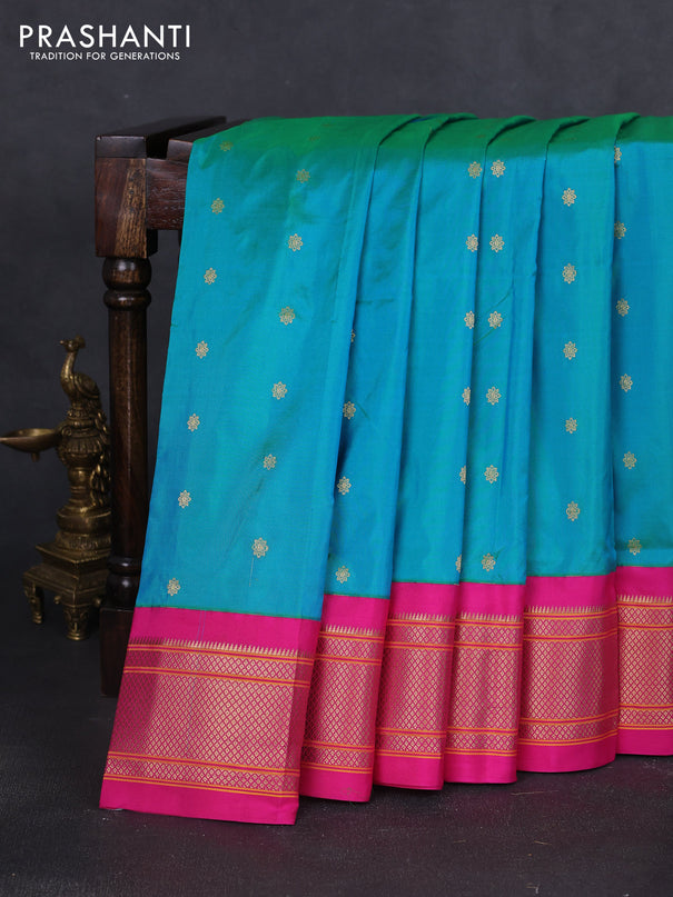 Pure paithani silk saree dual shade of teal bluish green and pink with allover zari woven buttas and paithani weaving pallu