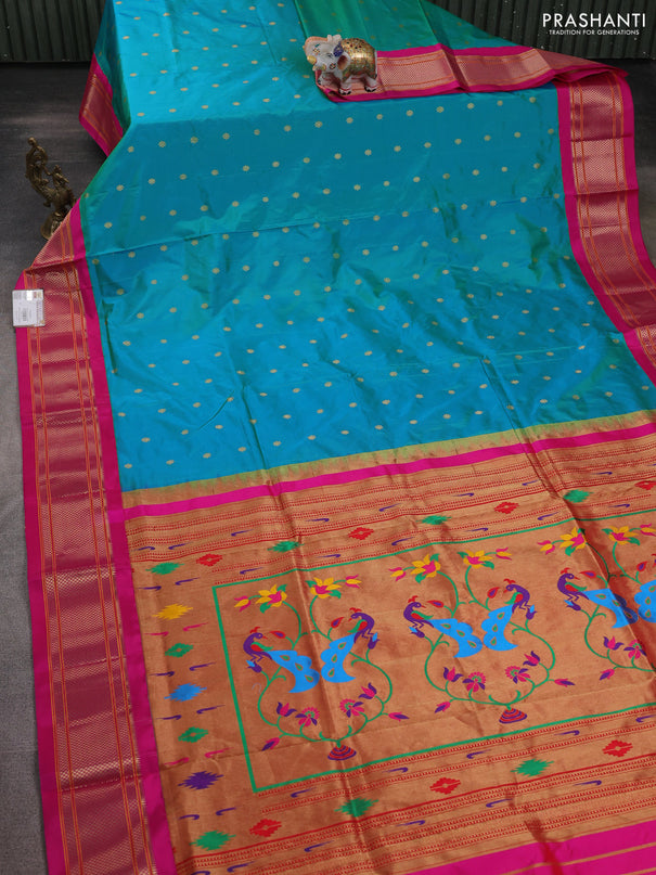Pure paithani silk saree dual shade of teal bluish green and pink with allover zari woven buttas and paithani weaving pallu