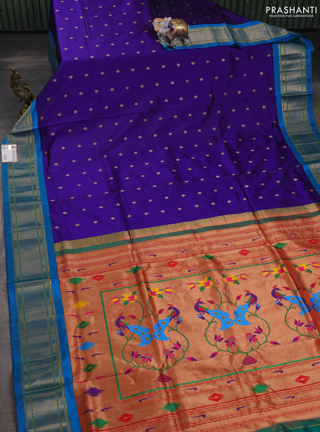 Pure paithani silk saree blue and cs blue with allover zari woven buttas and paithani weaving pallu