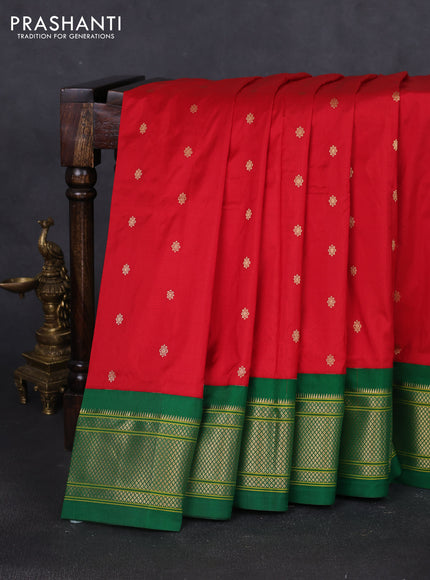 Pure paithani silk saree red and green with allover zari woven buttas and paithani weaving pallu