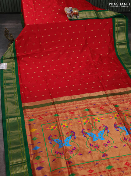 Pure paithani silk saree red and green with allover zari woven buttas and paithani weaving pallu