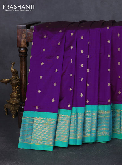 Pure paithani silk saree purple and teal green with allover zari woven buttas and paithani weaving pallu
