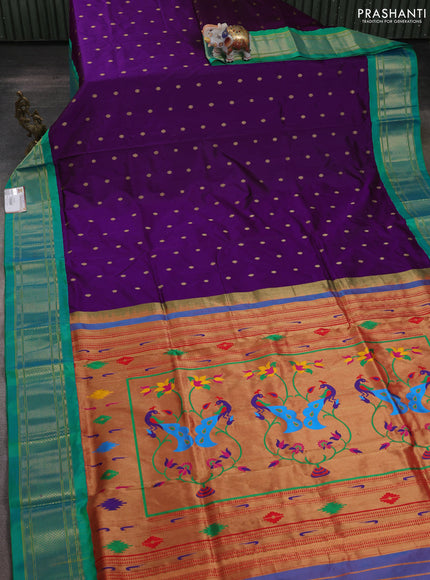 Pure paithani silk saree purple and teal green with allover zari woven buttas and paithani weaving pallu