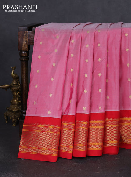 Pure paithani silk saree light pink and red with allover zari woven buttas and paithani weaving pallu