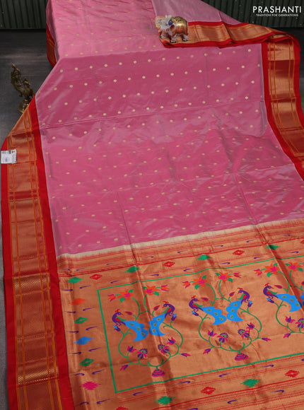 Pure paithani silk saree light pink and red with allover zari woven buttas and paithani weaving pallu