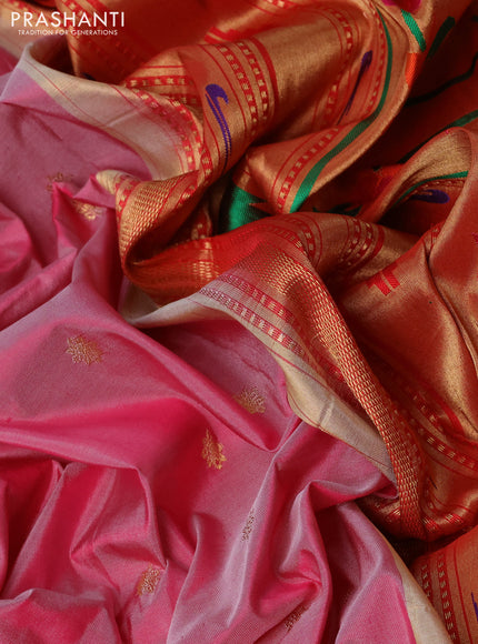 Pure paithani silk saree light pink and red with allover zari woven buttas and paithani weaving pallu